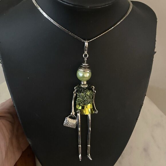 Estate Jewelry - French Fashion Doll Dangling Pendant Necklace Silver Tone Beaded Dress Bag Green